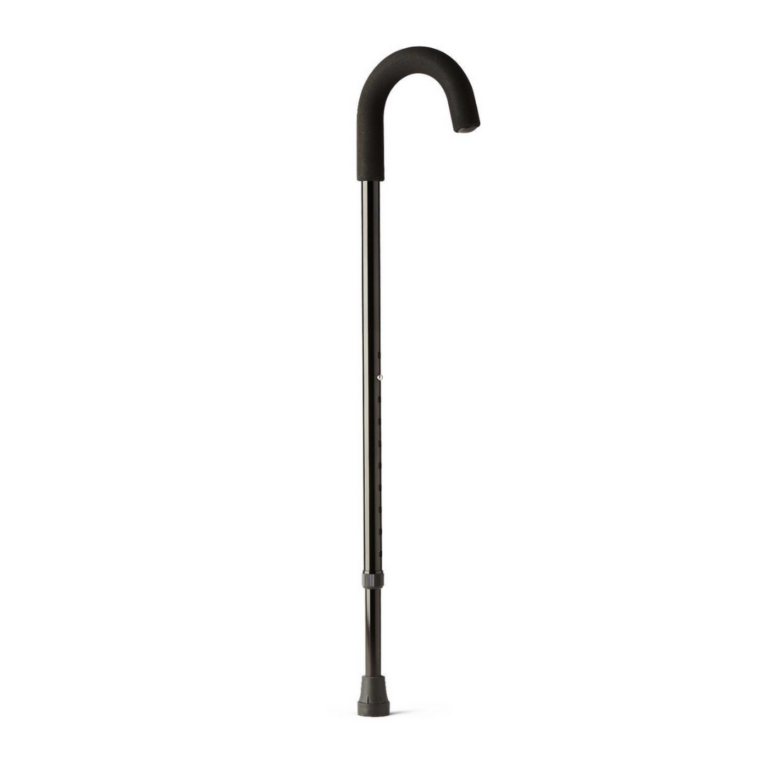 The Medline Standard Aluminum Crooked Handle Cane in black features an adjustable height, curved foam handle, and rubber tip for balance support, shown standing upright against a white background.
